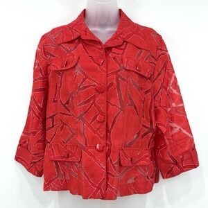Clara Sun Woo Top Jacket Womens L Red Burnout Linen Blend Artsy Button Up Mature